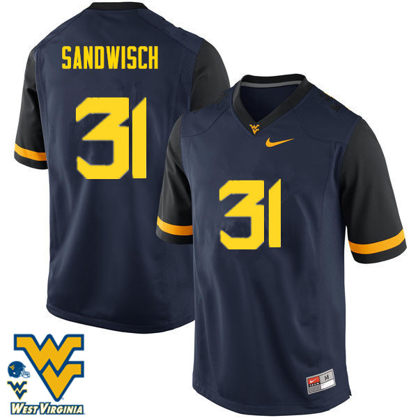 NCAA Men's Zach Sandwisch West Virginia Mountaineers Navy #31 Nike Stitched Football College Authentic Jersey VJ23R10NV